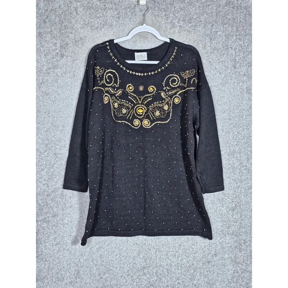 Vintage‎ Jessica Stevens Tunic Sweater Womens Size Medium Black Gold Beaded Art